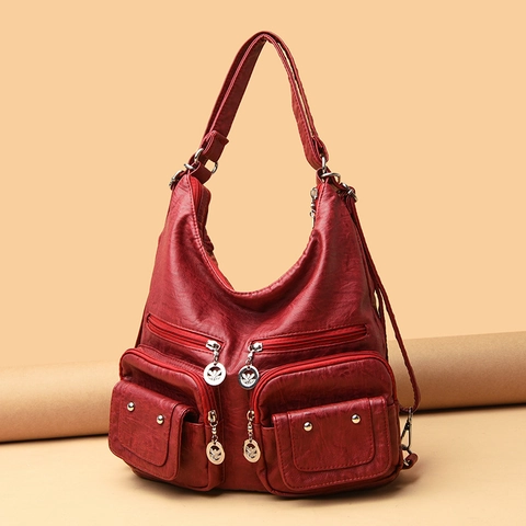 Large Capacity Multi-Pocket Shoulder Bag Soft PU Leather Waterproof Retro Tote Handbag For Women Fashion Casual