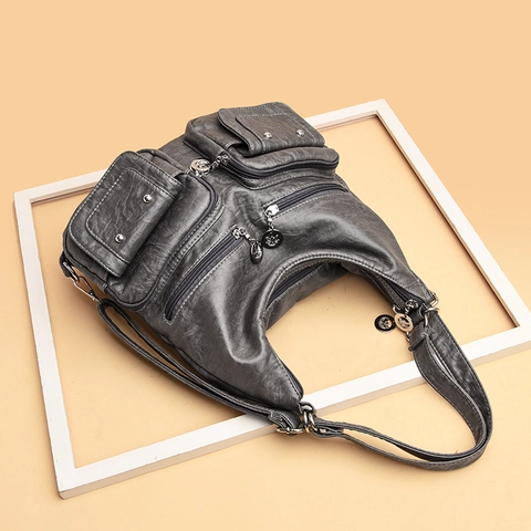 Large Capacity Multi-Pocket Shoulder Bag Soft PU Leather Waterproof Retro Tote Handbag For Women Fashion Casual