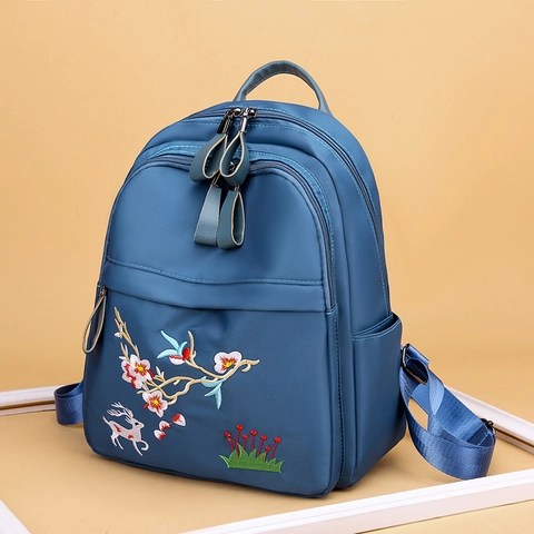 Chinese Style Embroidery Backpack Waterproof Oxford Cloth Flower Deer Pattern Lightweight Casual Rucksack For Women