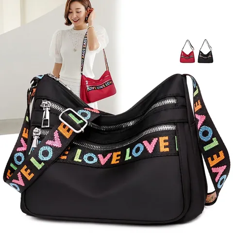 Damen Umhängetasche Schultertasche Wasserdicht Oxford Nylon Viele Taschen Große Kapazität LOVE Buchstabengurt Trendy Lässig