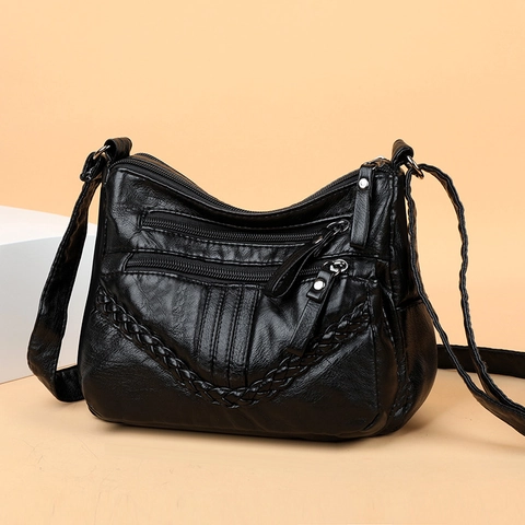 Damen Umhängetasche Weiches PU Leder Multi Reißverschluss Große Kapazität Schultertasche Gewebtes Dekor Lässig Leicht