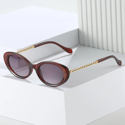 Retro Oval Sunglasses For Women With Metal Chain Temples UV400 Protection PC Frame Vintage Fashion Eyewear Accessory