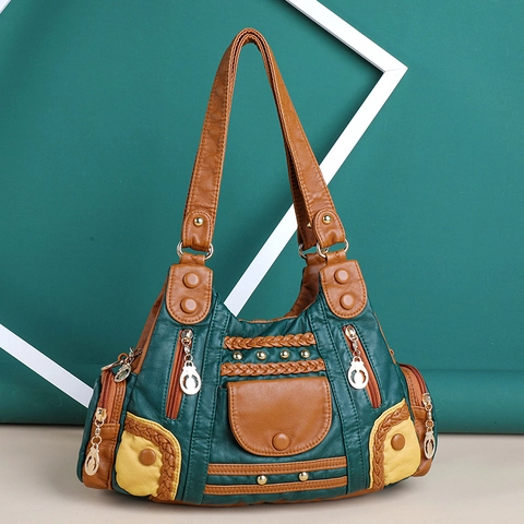 Borsa A Tracolla Donna Retro Patchwork Pelle PU Multi Tasca Grande Capacità Borsa A Spalla Borchie Intrecciato