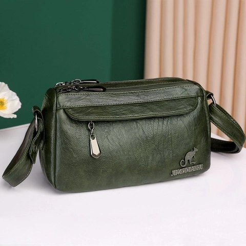 Women Crossbody Bag Soft PU Leather Multi-Pocket Shoulder Purse Adjustable Strap Vintage Solid Color Functional Handbag