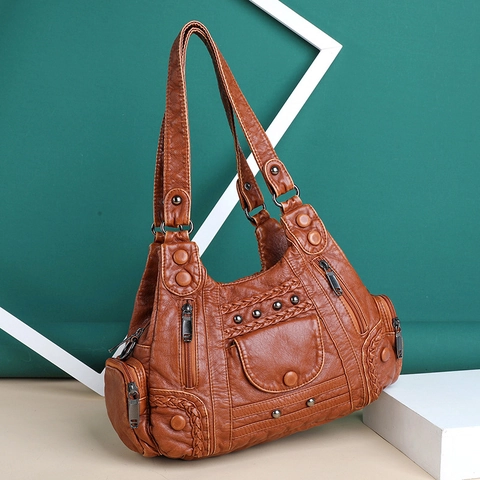 Borsa A Tracolla Donna Retro Patchwork Pelle PU Multi Tasca Grande Capacità Borsa A Spalla Borchie Intrecciato