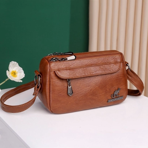 Women Crossbody Bag Soft PU Leather Multi-Pocket Shoulder Purse Adjustable Strap Vintage Solid Color Functional Handbag