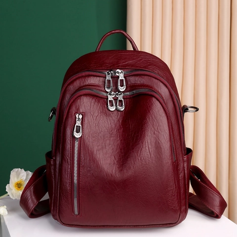 Fashion Backpack Women PU Leather Multi Pocket Waterproof Large Capacity Travel Casual Retro Style Soft Texture