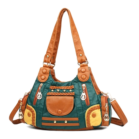 Dames Vintage Schoudertas Multi-Pocket Grote Capaciteit Gewassen PU-Leer Crossbody Tote Met Klinknagels En Weefdetails