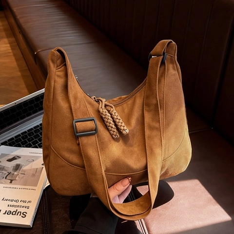 Women Large Capacity Faux Suede Hobo Bag Retro Half Moon Crossbody Bag With Braided Zipper Pulls Adjustable Strap