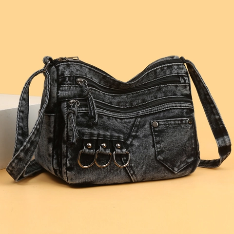 Umhängetasche Aus Gewaschenem Denim Für Damen Retro Casual Multi Pocket Reißverschluss Schultertasche Vielseitige Handtasche