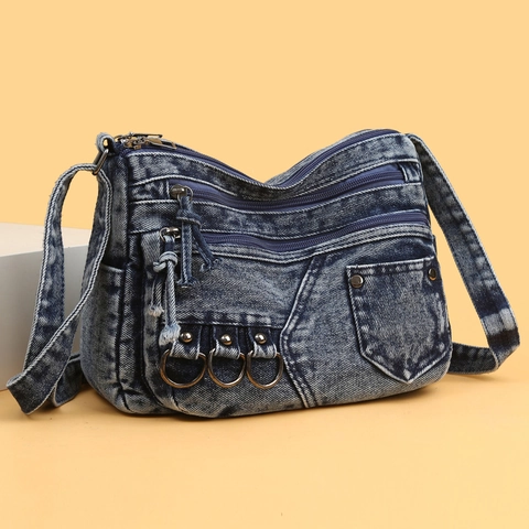 Umhängetasche Aus Gewaschenem Denim Für Damen Retro Casual Multi Pocket Reißverschluss Schultertasche Vielseitige Handtasche