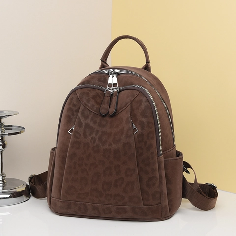 Sac À Dos Mode Imprimé Léopard Femme Cuir PU Imperméable Décontracté Voyage Rétro Multi Poches