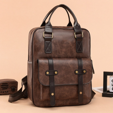 Mochila Vintage De Cuero PU Para Mujer Gran Capacidad Moda Color Contrastado Bolso De Mano Viaje Diario