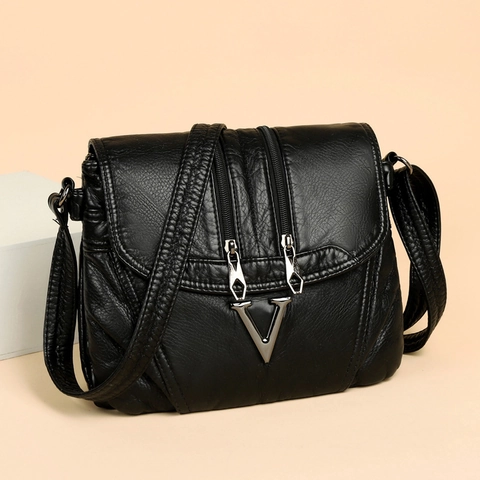 Sac Bandoulière Femme Cuir PU Texture Lychee Multi-Compartiment Double Fermeture Éclair Décontracté Vintage