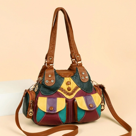 Borsa A Tracolla Retro In Pelle PU Patchwork Con Tasche Multiple Casual Borsa A Mano Con Manico Superiore E Tracolla Regolabile Donne