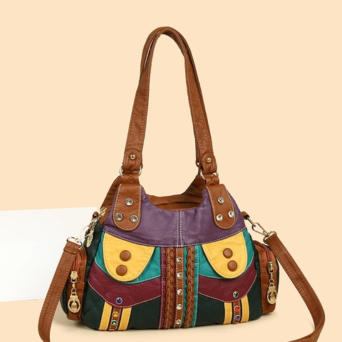 Borsa A Mano Vintage Bohemien Patchwork Pelle Sintetica PU Rivetto Strass Grande Capacità Borsa A Tracolla Per Donne