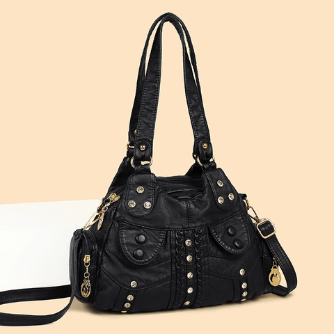 Borsa A Mano Vintage Bohemien Patchwork Pelle Sintetica PU Rivetto Strass Grande Capacità Borsa A Tracolla Per Donne
