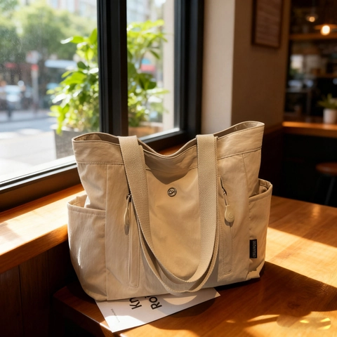 Borsa Tote Grande In Nylon Con Tasche Multiple Borsa A Spalla Casual Minimalista Da Donna