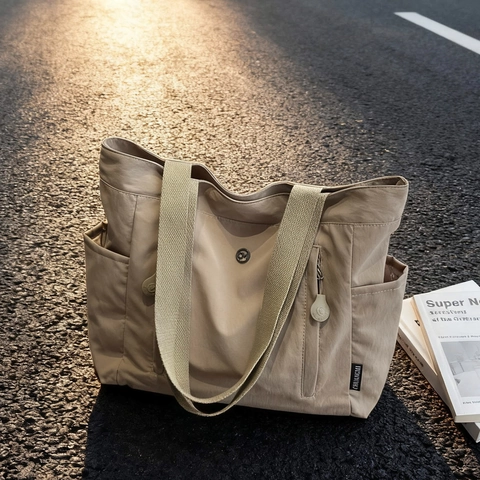 Borsa Tote Grande In Nylon Con Tasche Multiple Borsa A Spalla Casual Minimalista Da Donna