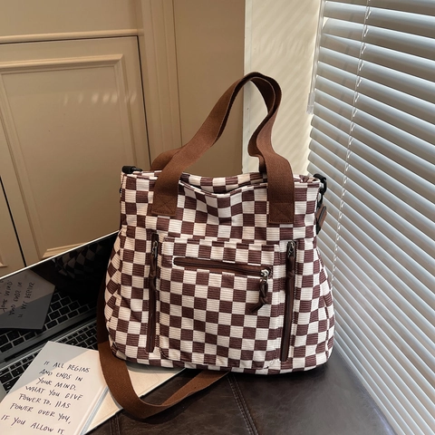 Checkerboard Tote Bag Corduroy Große Kapazität Mehrfachtaschen Schultertasche Umhängetasche Lässig Mode Damen