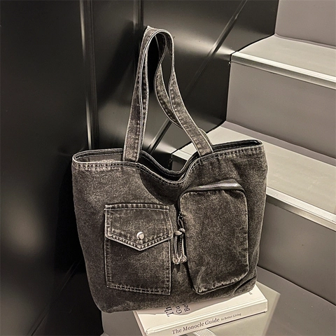 Waschen Denim Tote Bag Für Frauen Große Kapazität Multi Pocket Schulter Handtasche Retro Casual Streetwear