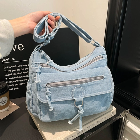 Sac Bandoulière Denim Multi Poches Bandoulière Réglable Rétro Décontracté Minimaliste Voyage Sacoche Femmes