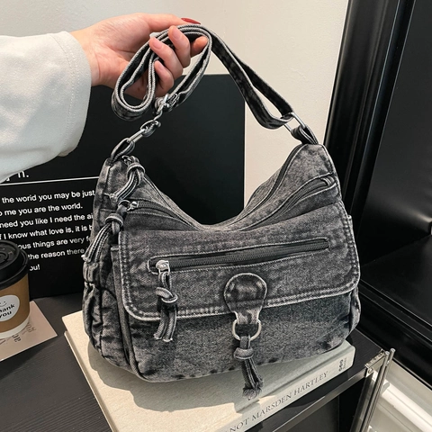 Sac Bandoulière Denim Multi Poches Bandoulière Réglable Rétro Décontracté Minimaliste Voyage Sacoche Femmes