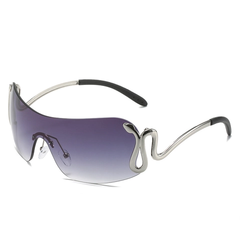 Y2K Oversized Wrap Around Sunglasses Serpent Metal Temples Rimless UV400 One Piece Visor Eyewear For Women