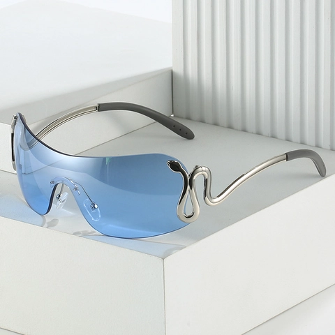 Y2K Oversized Wrap Around Sunglasses Serpent Metal Temples Rimless UV400 One Piece Visor Eyewear For Women