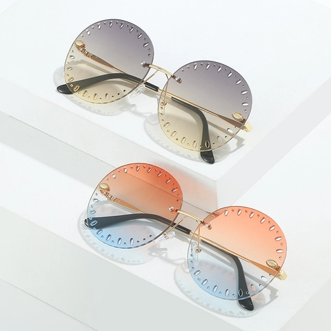Lunettes De Soleil Rondes Sans Monture Pour Femmes Cadre Métallique Ajouré Verres Dégradés Protection UV400 Mode