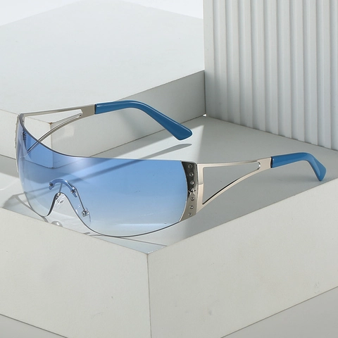 Occhiali Da Sole Shield Lente PC Montatura Metallo Senza Montatura UV400 Strass Stella Arredo Y2K Tendenza