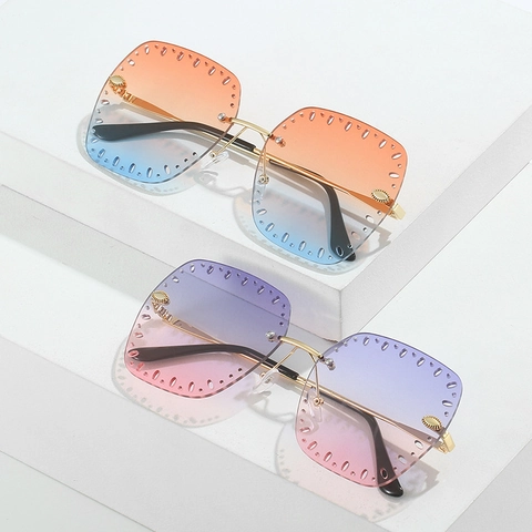 Lunettes De Soleil Sans Monture Oversized Cadre Métallique Verre Polycarbonate Dégradé Design Ajouré UV400