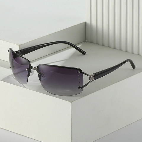 Rectangle Rimless Sunglasses For Women Metal Frame Rhinestone Gradient Lens UV400 Protection Vintage Retro Y2K Style