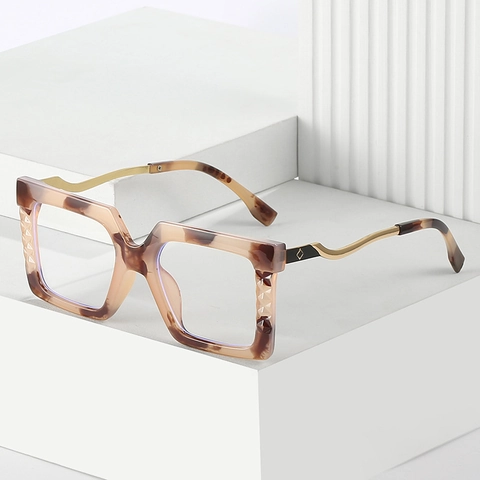 Oversized Square Anti Blue Light Glasses Frame PC Metal Wave Temple Retro Fashion Optical Eyewear For Women Men