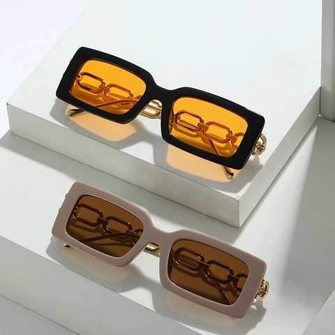 Lunettes De Soleil Rectangulaires Monture PC Branches En Chaîne Métallique Protection UV400 Style Rétro Pour Hommes Femmes