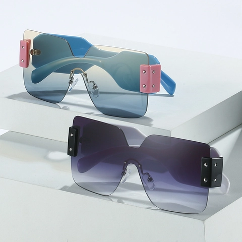 Oversized Square Rimless Sunglasses UV400 Protection PC Frame Metal Rivets Trendy Fashion Eyewear