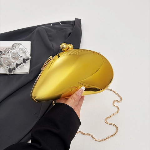 Irregular Bean Shape Mirror Finish Acrylic Evening Clutch Metallic Crossbody Bag With Chain Strap Vintage Party