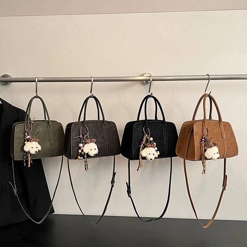 Borsa A Spalla Retrò Texture Scamosciata Per Donna Borsa A Mano Vintage Con Portachiavi Cane Di Peluche Quotidiana
