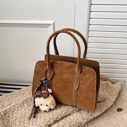 Borsa A Spalla Retrò Texture Scamosciata Per Donna Borsa A Mano Vintage Con Portachiavi Cane Di Peluche Quotidiana