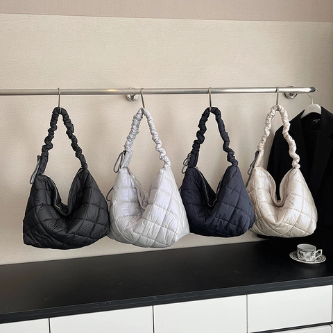 Sac À Épaule Matelassé Puffer Pour Femmes Grande Capacité Motif Diamant Poignée Froncée Mode Hiver Casual Tote