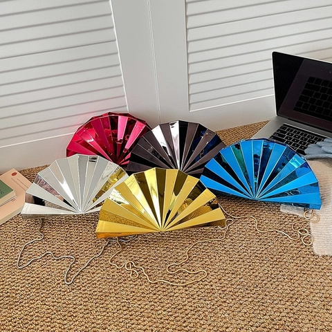 Bolso de Noche de Acrílico con Forma de Abanico para Mujer Bolso de Mano de Espejo Metálico Con Cadena Para Boda Fiesta
