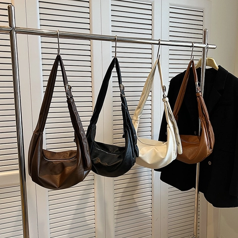 Women Large Hobo Shoulder Bag PU Leather Vintage Adjustable Strap Solid Color Zipper Closure Fashion Dumpling Handbag