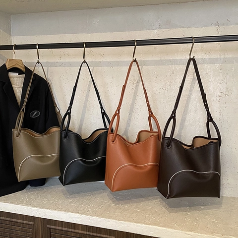Damen Handtasche Große Kapazität PU Leder Lychee Muster Kontrast Weiß Besatz Pendler Schultertasche Shopping Bag