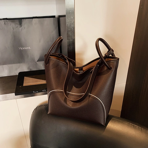 Damen Handtasche Große Kapazität PU Leder Lychee Muster Kontrast Weiß Besatz Pendler Schultertasche Shopping Bag