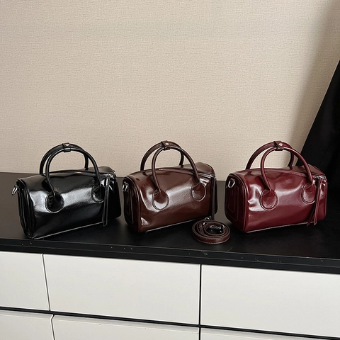 Vintage Glossy PU Leather Boston Bag Women Solid Color Handbag With Detachable Shoulder Strap Crossbody Pillow Bag