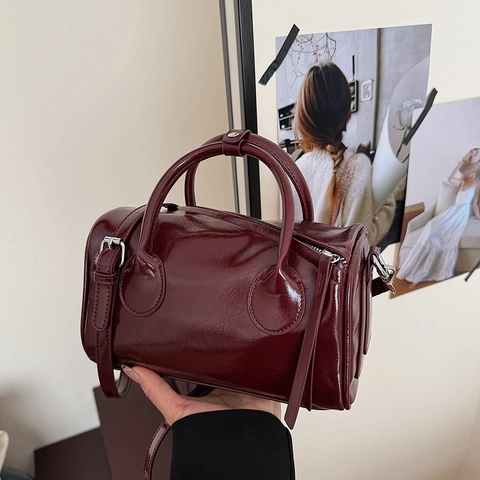 Vintage Glossy PU Leather Boston Bag Women Solid Color Handbag With Detachable Shoulder Strap Crossbody Pillow Bag