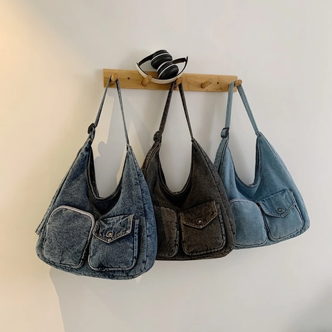 Borsa Hobo In Denim Vintage Borsa A Spalla Grande Capacità Con Doppie Tasche Frontali E Tracolla Regolabile Donna