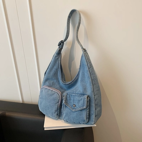 Borsa Hobo In Denim Vintage Borsa A Spalla Grande Capacità Con Doppie Tasche Frontali E Tracolla Regolabile Donna
