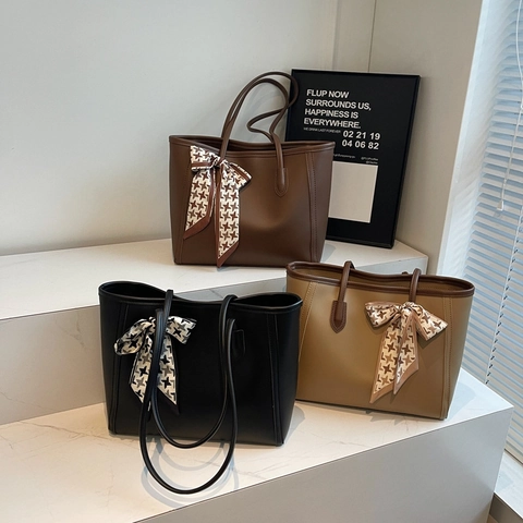 Borsa Tote Grande Capacità Borsa A Mano In Pelle PU Con Decorazione Fiocco Sciarpa Di Raso Pied De Poule Ufficio