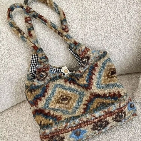 Vintage Geometric Pattern Plush Tote Bag Large Capacity Faux Sheep Fleece Shoulder Handbag For Women Winter Commuting